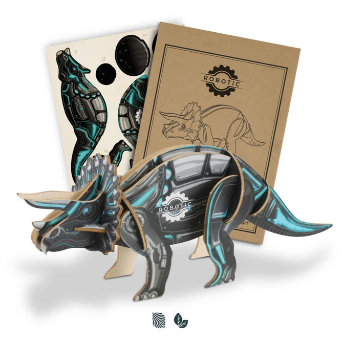 A wooden Triceratops model in black and blue, accompanied by assembly instructions and a design sheet.