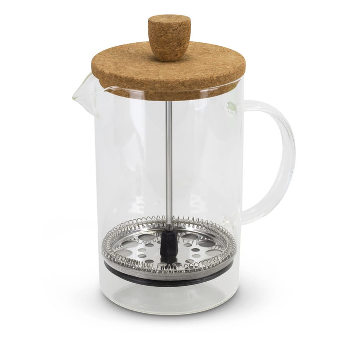 A glass coffee plunger with a cork lid, metal filter, and a black handle, designed for brewing coffee or tea.