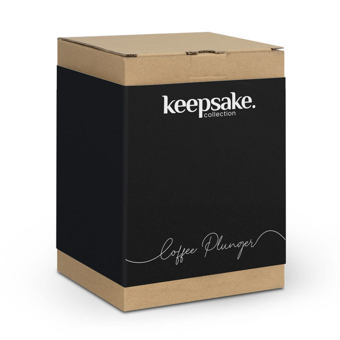 A brown cardboard box with a black panel, featuring a logo and the words "coffee plunger" on the front.