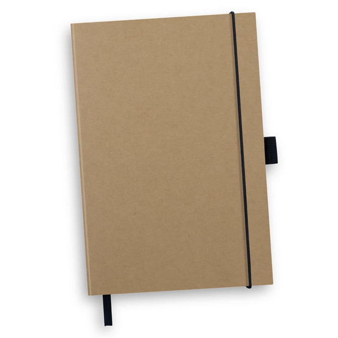 A brown hard cover notebook with an elastic band closure and a ribbon bookmark. It has a logo on the front.