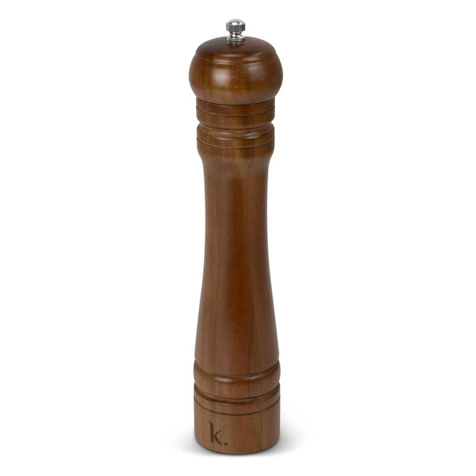 A wooden pepper mill in a warm brown finish, featuring a rounded top and elegant grooves. It has a logo on the base.