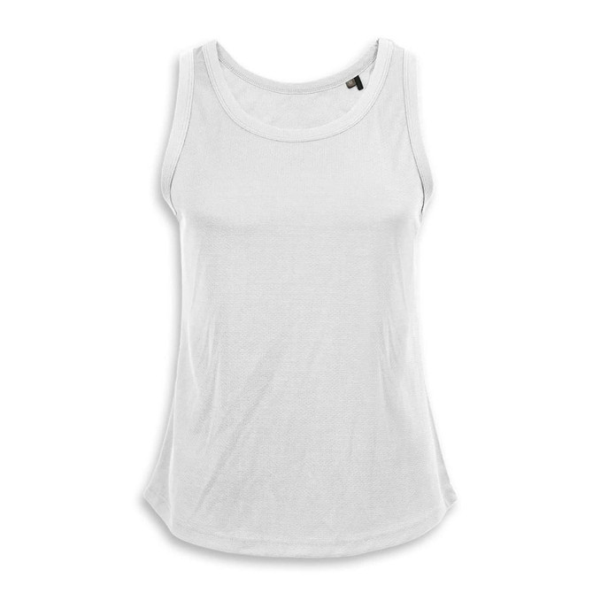 A white women's sports tank top with a round neckline and a logo. It has a relaxed fit and is made from breathable fabric.