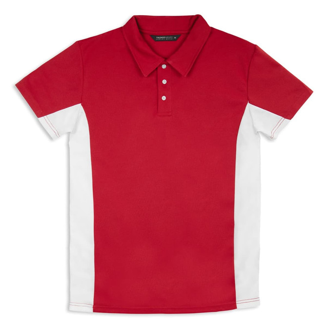 A red and white polo shirt with a classic collar and buttons, featuring a logo on the chest.