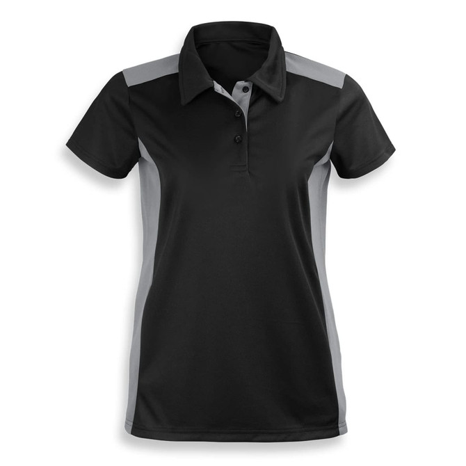 A women's polo shirt in black with grey side panels. It features a classic collar and a button placket.