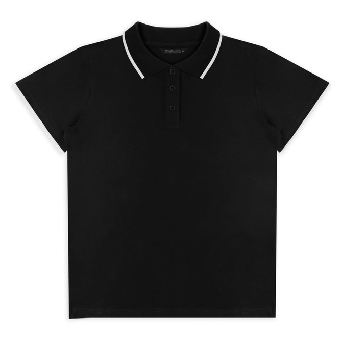 A black women's polo shirt with a contrasting collar and a branded logo. Short sleeves and a classic fit design.