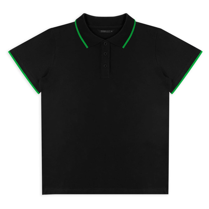 A black women's polo shirt with green accents on the collar and sleeves, featuring a branding logo.
