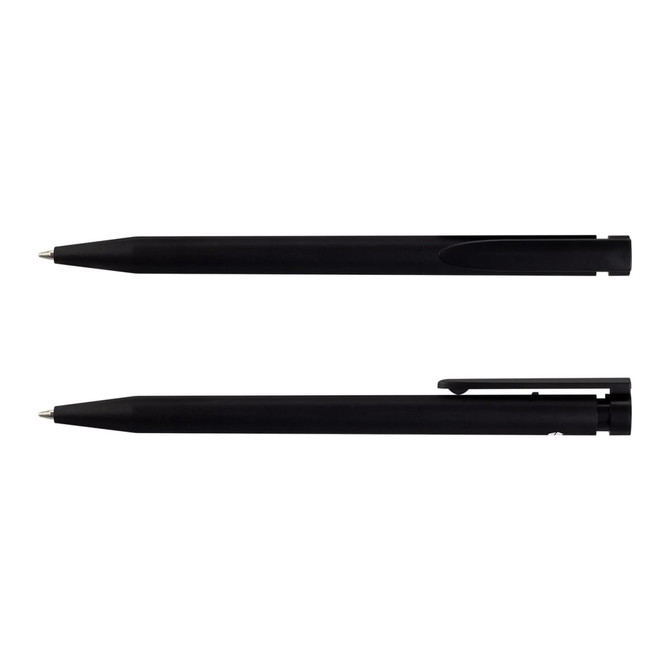 A black recycled plastic pen featuring a sleek design and a clip, showcasing both a capped and uncapped view.