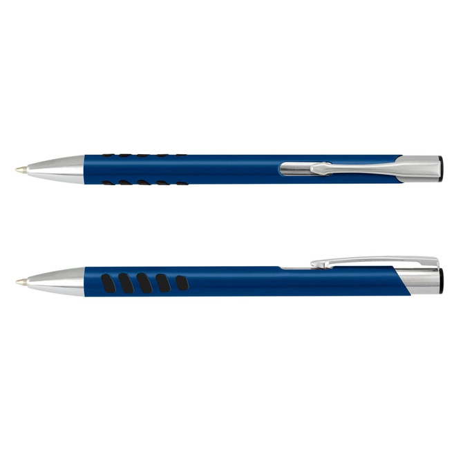 A blue metal pen featuring a sleek design with a silver clip and branded logo.