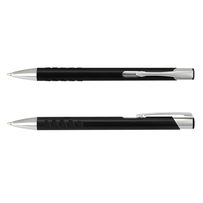 A black metal pen with a silver clip and accents, featuring a textured grip section and a logo.