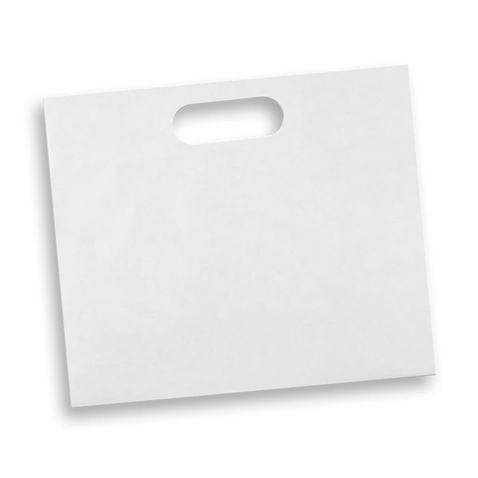 A large white die cut paper bag with a handle. It features a plain design and no visible branding.