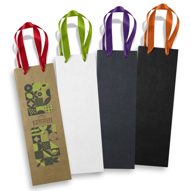 Four paper bags with ribbon handles in champagne, white, black, and a natural brown finish, each featuring a logo.