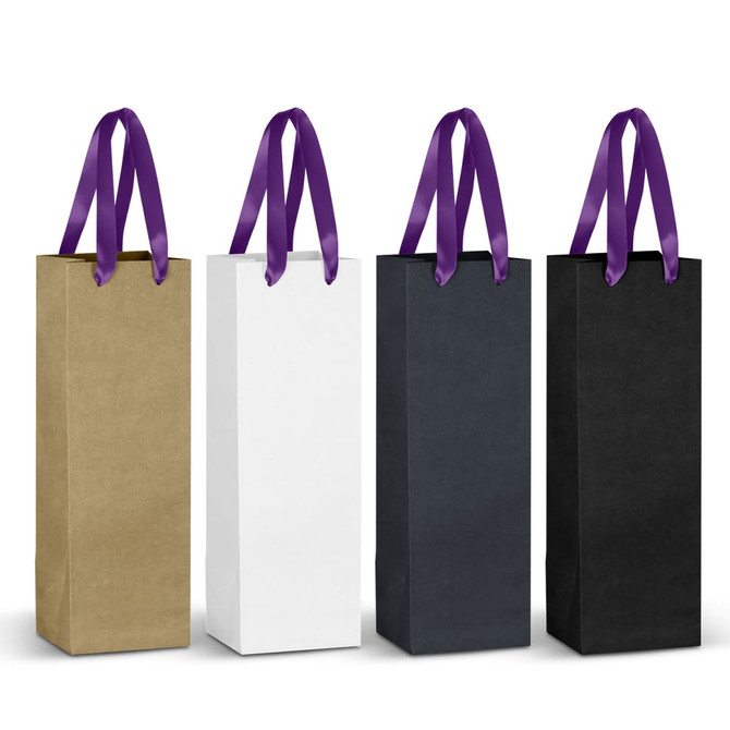 A collection of four paper bags in gold, white, black, and dark grey, each with purple ribbon handles.