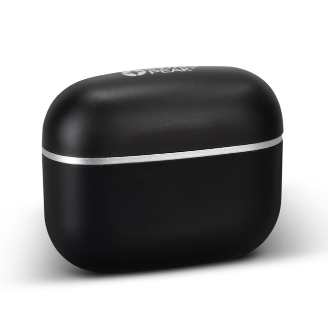 A black charging case for Swiss Peak TWS Earbuds 2.0 with a silver band and logo.