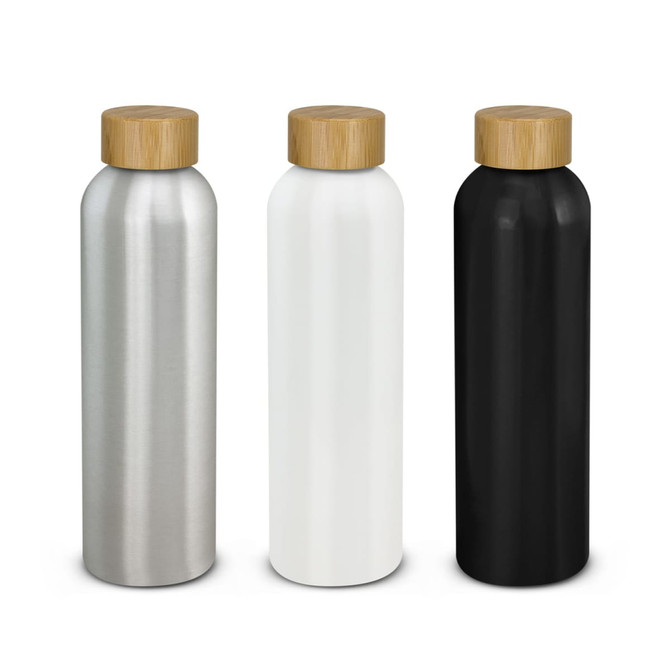 A drink bottle collection featuring silver, white, and black aluminium bottles with bamboo lids. Each bottle has a logo.