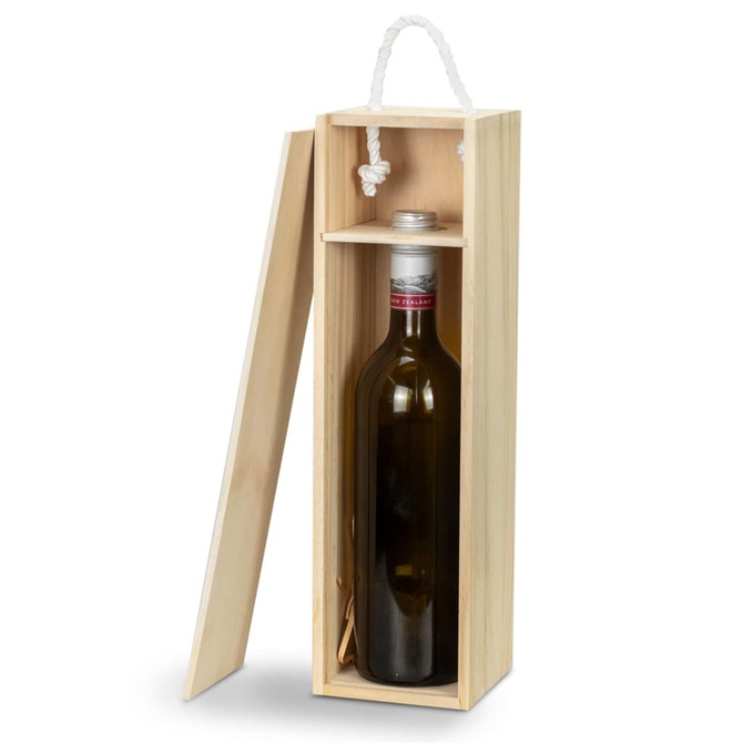 A wine bottle in a natural wood gift box with a rope handle, featuring a removable lid.