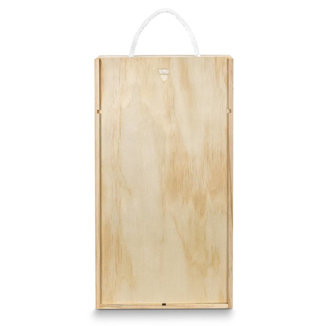 A wooden wine gift box in natural tone with a rope handle, designed to hold two bottles.