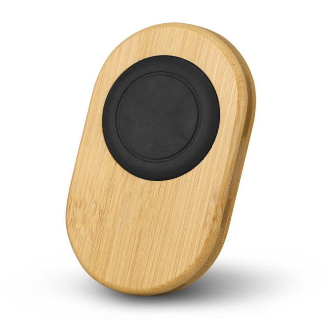 Bamboo car phone holder featuring a black rubber grip base. Made from natural bamboo material in a sleek oval shape.