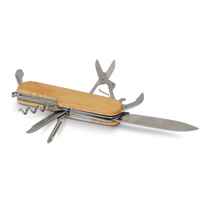 A wooden pocket knife featuring multiple tools, including a knife blade, corkscrew, and various other implements.