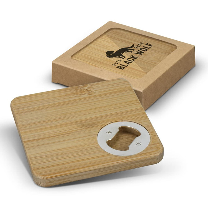 A drink bottle opener coaster set of two, featuring a square bamboo design with a stainless steel opener.