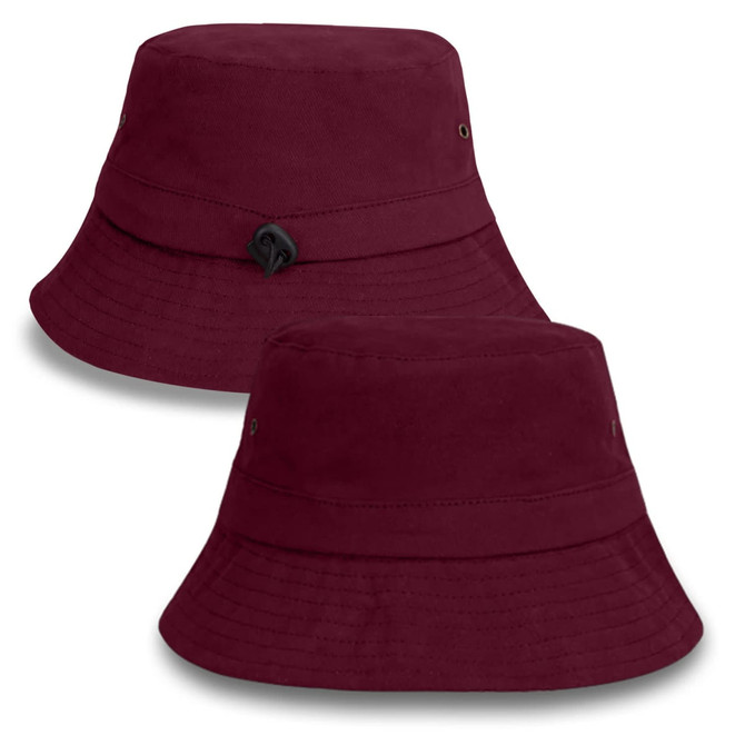 A burgundy bucket hat with a classic wide brim and a decorative accent. The hat features a logo on the side.