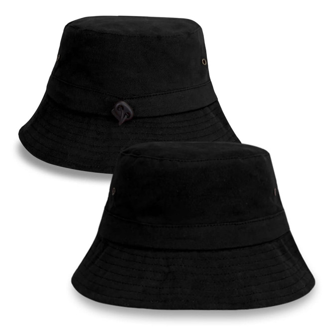 A black bucket hat featuring a textured design with a logo and subtle detailing on the band.