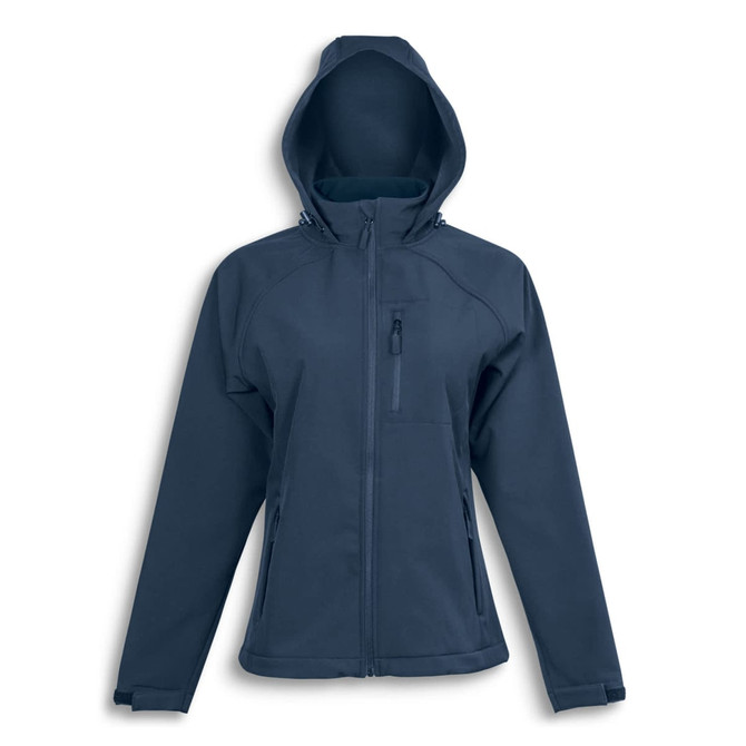 A navy soft shell jacket with a hood, featuring zippered pockets and a small logo on the chest.