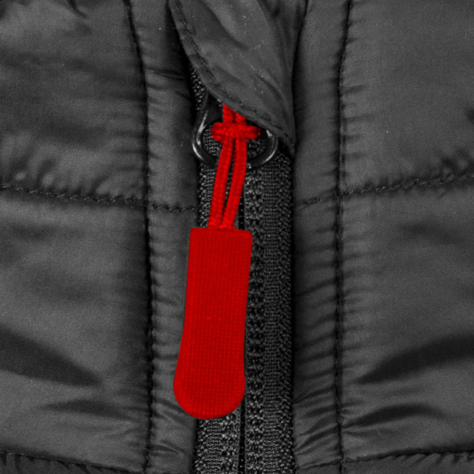 Black puffer jacket featuring a red zipper pull and a minimalistic design. Includes a branding logo.