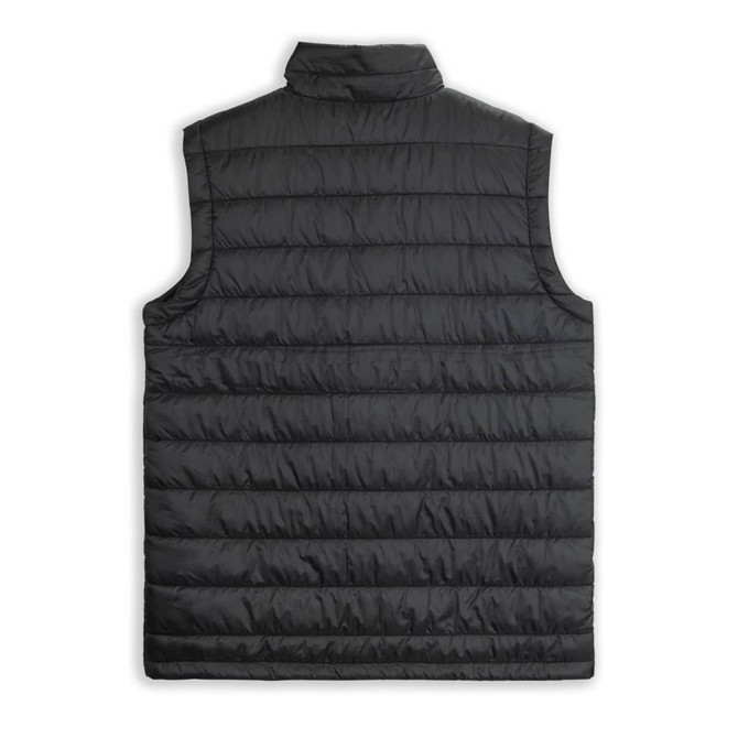 A unisex puffer vest in black with a quilted design and a high collar. It features a branding logo.