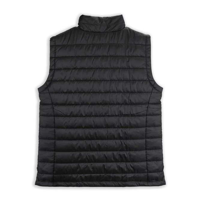 A black puffer vest featuring a high collar and quilted design, with no sleeves and a brand logo.