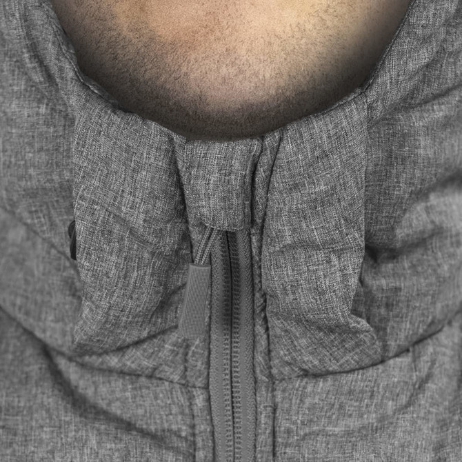 A grey puffer jacket featuring a high collar and zip closure, designed for men's outerwear.