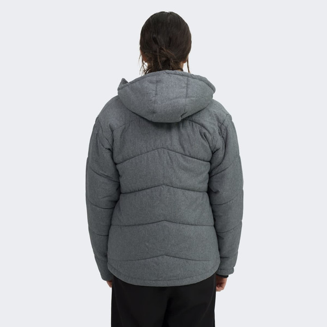 A grey women's puffer jacket with a hood, featuring a quilted design and a logo on the back.