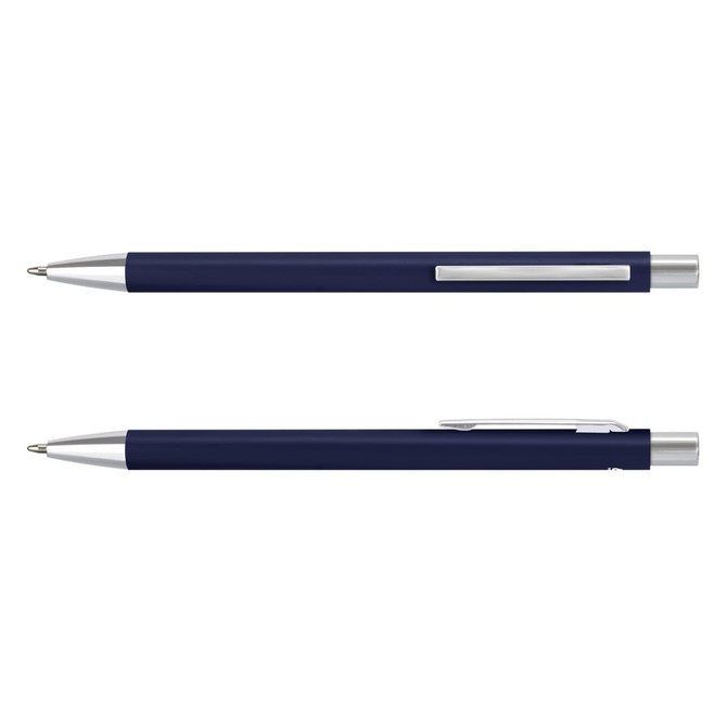 A metal pen in navy blue with silver accents and a sleek design. It features a clip and a shiny tip.