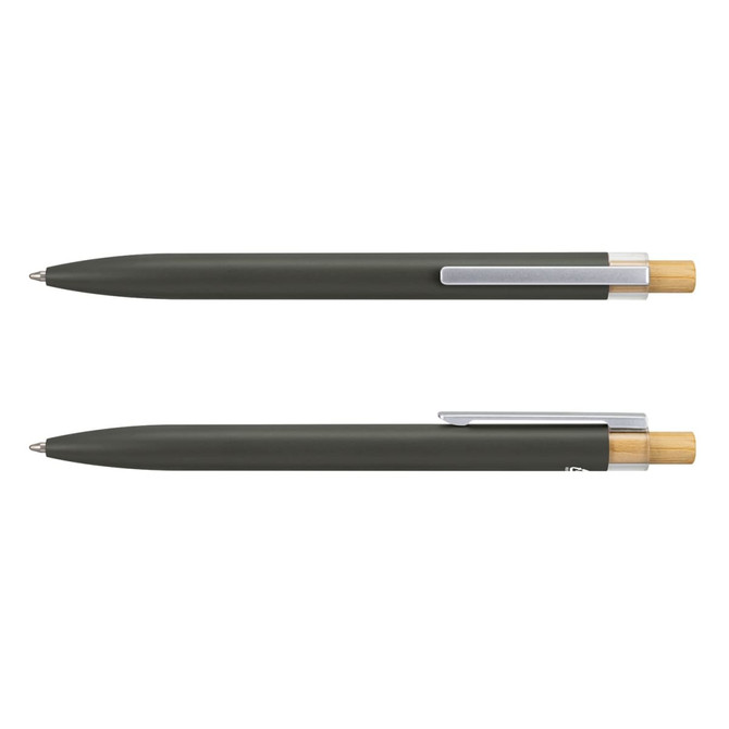 A metal pen with a dark green body and wooden accents, featuring a silver clip and branding.