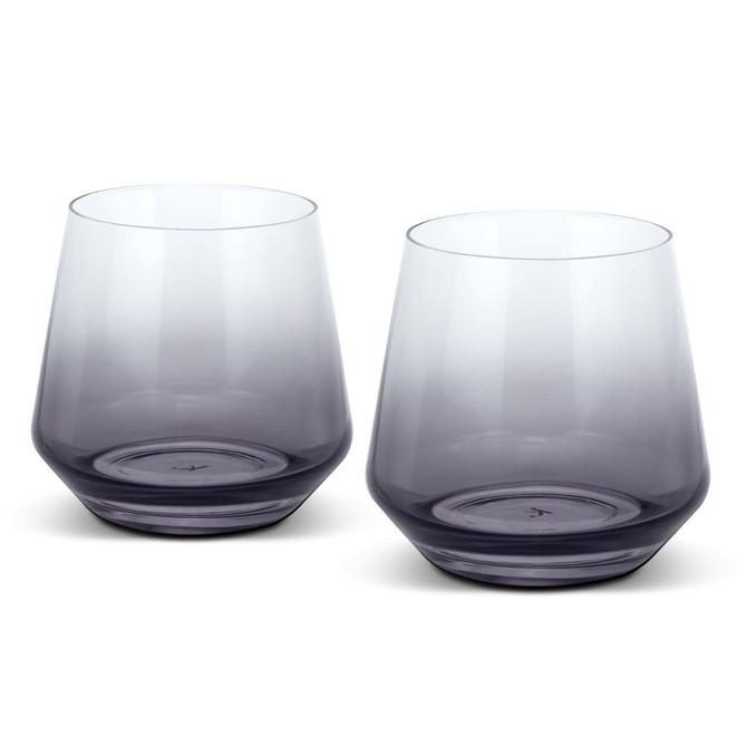 A set of two whiskey glasses in a gradient of clear to dark grey, featuring a modern design and a logo on the base.