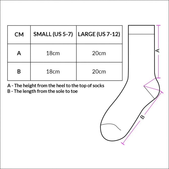 A diagram detailing sizing information for June Business Socks, with measurements in centimetres for small and large sizes.