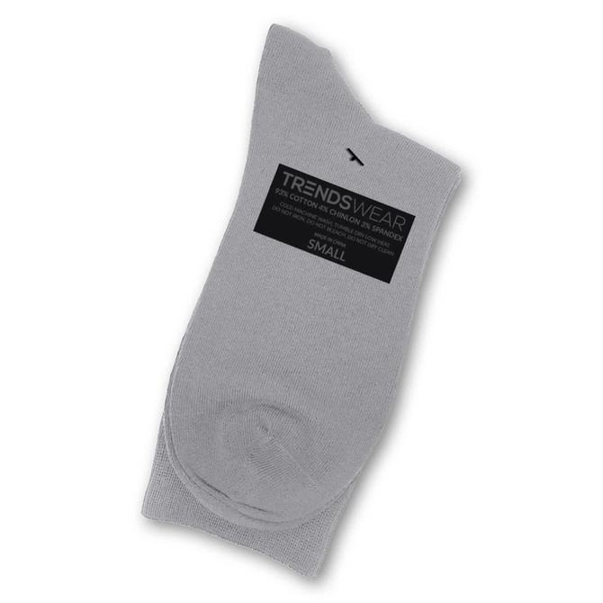 A pair of light grey socks with a logo and a label indicating size small.