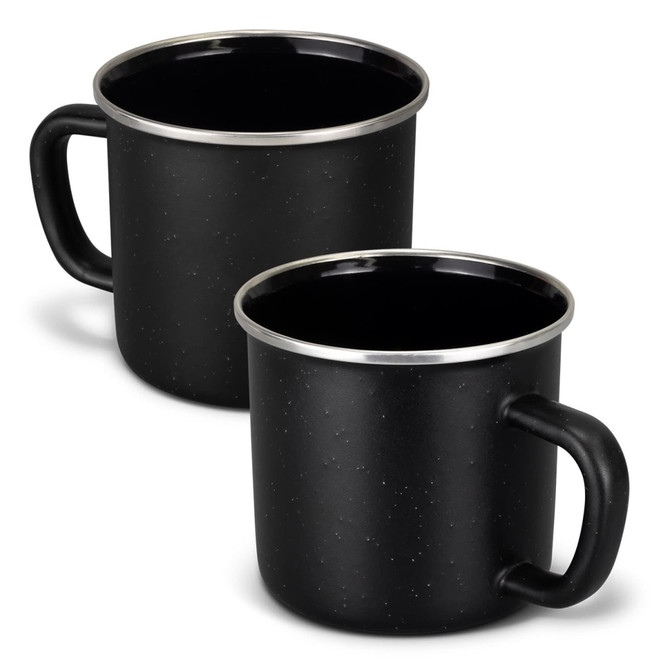 A matte black enamel mug with a silver rim and a sturdy handle, presented in a pair.
