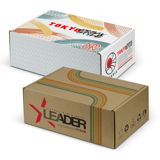 Two die cut boxes with locking lids, one featuring a colourful abstract design and the other in a brown colour with branding.