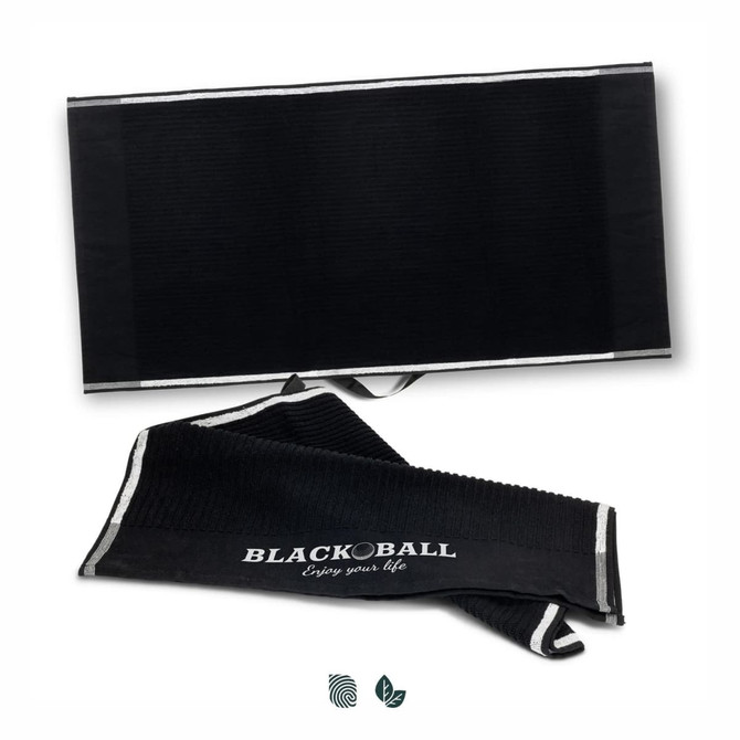 A black golf towel featuring a textured design and a logo. It is folded with a hanging loop.