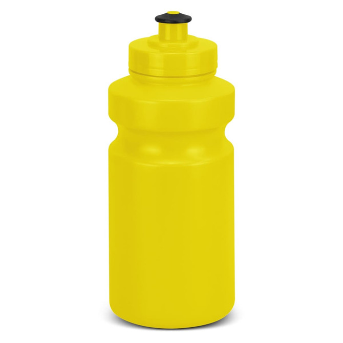 A drink bottle in bright yellow with a black push-pull cap and a smooth, rounded body. It features a logo.