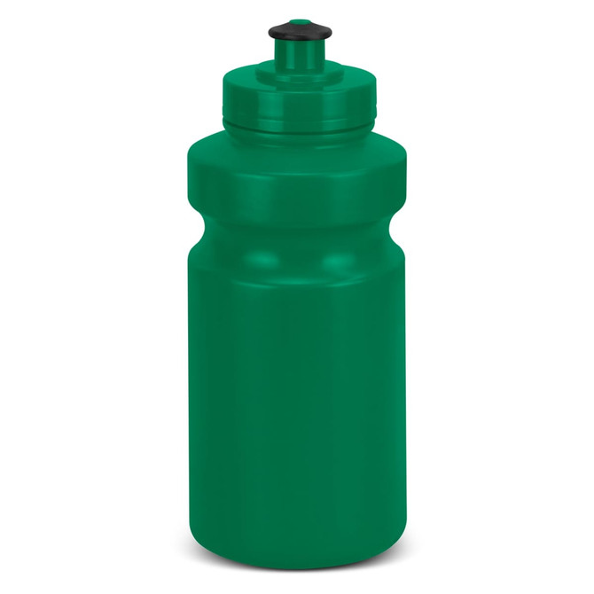 A green drink bottle with a screw-top lid and a textured grip. It features a logo on the side.