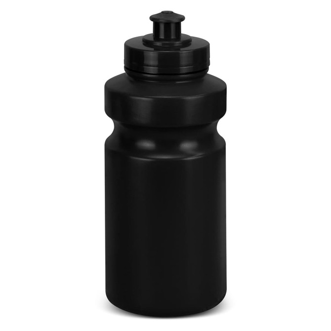 A drink bottle in matte black with a screw-on lid and a spout, featuring a simple logo.