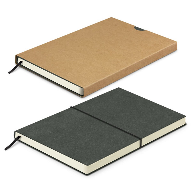A recycled soft cover notebook with a brown cover and a dark green notebook, both featuring an elastic band closure.