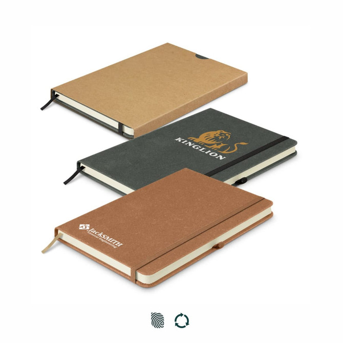 Three hard cover notebooks in brown, grey, and tan with elastic closures and a logo on one.