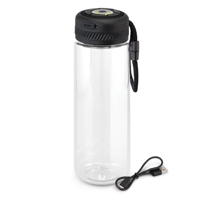 A drink bottle made of clear plastic with a black cap, featuring a logo and a USB charging cable.