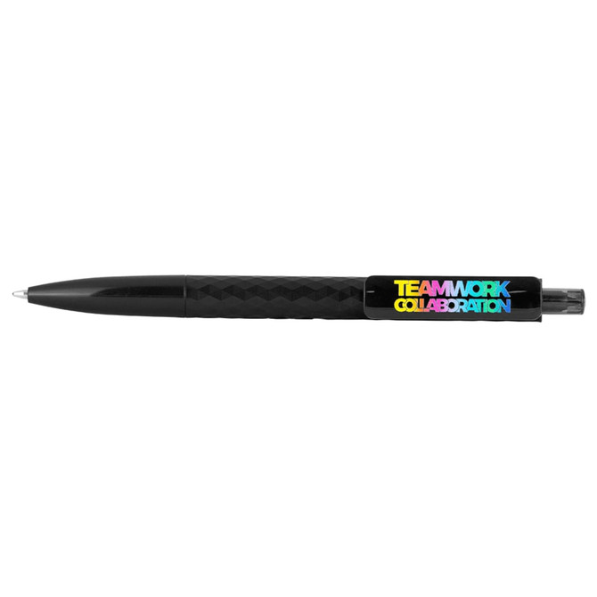 A black geometric ballpoint pen featuring a multicoloured logo. The pen has a textured grip and a retractable tip.