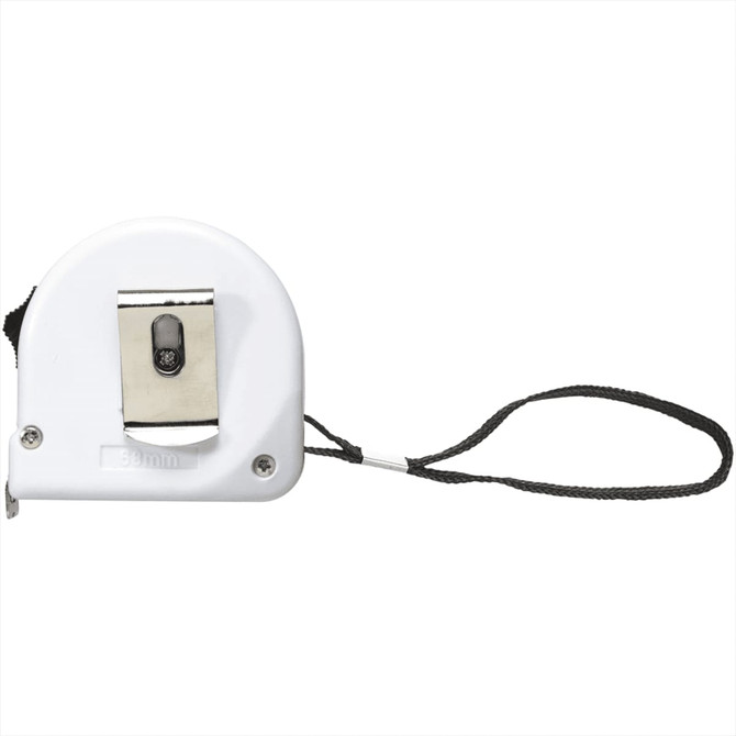 A white measuring tape with a black strap, featuring a metal clip and a small level indicator.