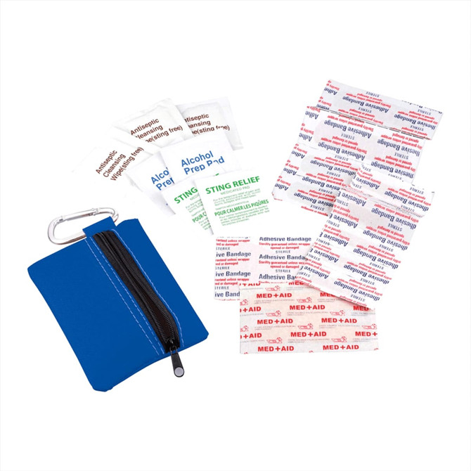 A blue zippered pouch containing various first aid supplies, including adhesive bandages, antiseptic wipes, and sting relief packets.
