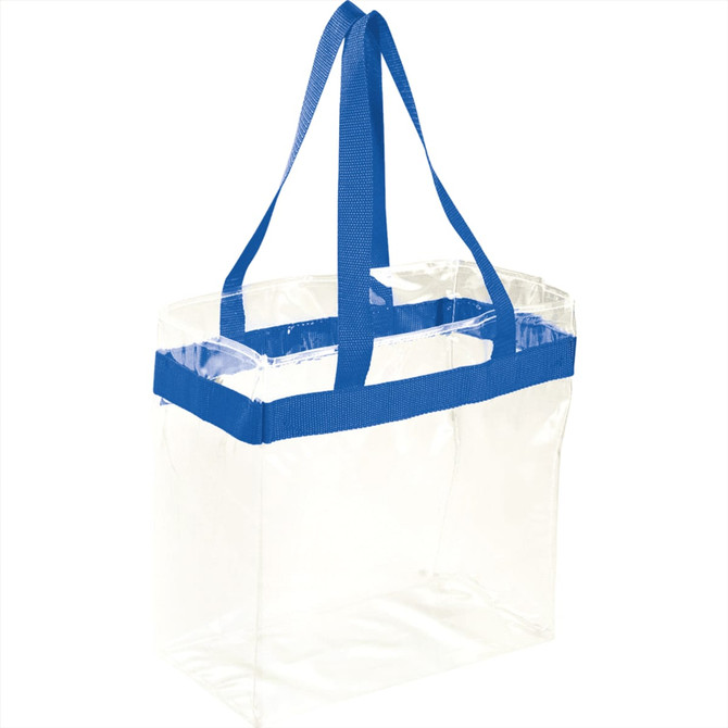 A clear tote bag with blue straps, featuring a spacious design suitable for carrying various items.