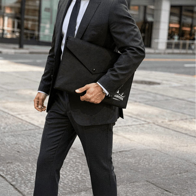 A black felt folder held by a man in a suit, walking on a city sidewalk. The folder features a logo.